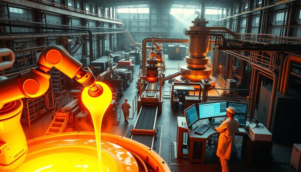 A state-of-the-art glass processing facility bathed in warm, diffused lighting. In the foreground, a robotic arm skillfully manipulates molten glass, shaping it with precision. In the middle ground, workers in clean-room attire monitor advanced control panels, overseeing the complex processes. The background reveals a vast, well-organized workspace filled with specialized equipment, conveyor belts, and towering furnaces, all working in harmonious synchronization to produce the glass of the future. The scene exudes a sense of technological prowess, efficiency, and a glimpse into the cutting edge of glass engineering.
