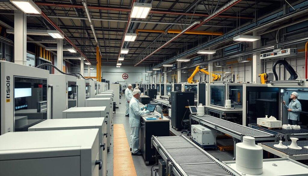A state-of-the-art industrial 3D printing facility, with various additive manufacturing machines in the foreground, including selective laser sintering, fused deposition modeling, and stereolithography systems. In the middle ground, technicians in clean-room attire carefully monitor the printing process, while in the background, a network of conveyor belts and robotic arms transport finished parts to post-processing stations. The lighting is a balance of warm, diffused overhead illumination and cooler, directional lighting from the machines, creating a technical, high-tech atmosphere. The camera angle is slightly elevated, offering a comprehensive view of the industrial workflow.