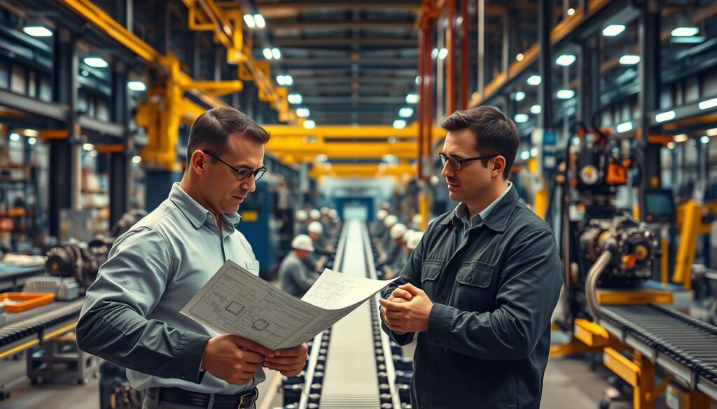 A state-of-the-art industrial facility, its interior bathed in warm, diffused lighting. In the foreground, a team of engineers intently studying a set of detailed schematics, their expressions focused as they discuss optimization strategies. In the middle ground, a conveyor belt winds its way through the production floor, workers carefully monitoring the assembly process. In the background, towering machinery stands sentinel, their intricate mechanisms blending form and function. A sense of efficiency and precision permeates the scene, hinting at the power of industrial engineering to elevate operations and drive innovation.