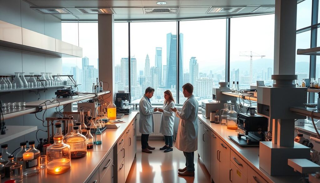 A state-of-the-art materials research laboratory, filled with advanced scientific equipment. Beakers, test tubes, and high-tech instruments line the benches, casting a warm glow under the soft, diffused lighting. In the center, a team of researchers in lab coats intently examines samples, discussing their findings. The background features a large, panoramic window overlooking a bustling cityscape, highlighting the urban setting and the real-world applications of this cutting-edge research. Sleek, modern architecture and clean lines convey a sense of innovation and progress, while the overall atmosphere is one of focused, collaborative discovery.