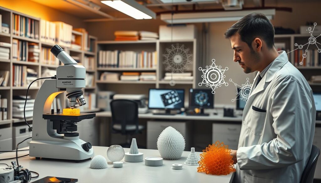 A state-of-the-art materials science laboratory, with an array of advanced analytical instruments and equipment. In the foreground, a researcher in a white lab coat examines a sample under a high-resolution microscope, meticulously studying its molecular structure. In the middle ground, several 3D printed prototypes sit on a workbench, showcasing the latest innovations in materials engineering. The background is filled with shelves of research journals, computer terminals, and intricate diagrams depicting the atomic composition of various materials. Warm, indirect lighting creates a thoughtful, contemplative atmosphere, highlighting the dedicated pursuit of knowledge that drives materials research forward.