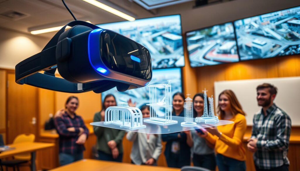 A state-of-the-art virtual reality headset hovers in the foreground, its sleek design and cutting-edge technology suggesting the future of civil engineering education. In the middle ground, a group of students, their faces alight with excitement, manipulate holographic models of complex infrastructure projects, immersed in a fully interactive 3D environment. The background depicts a modern, well-equipped classroom, with large screens displaying real-time construction site footage and simulations, blending the physical and digital realms. Warm, directional lighting illuminates the scene, creating a sense of depth and emphasis on the central VR experience. The overall atmosphere conveys the innovative and immersive nature of this cutting-edge approach to civil engineering pedagogy.