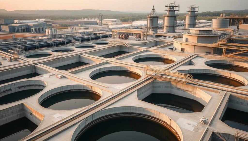 A state-of-the-art wastewater treatment plant, its intricate design showcasing the ingenious work of skilled engineers. In the foreground, a series of sedimentation tanks and clarifiers, their geometric forms and smooth concrete surfaces reflecting the precision required. The middle ground features a network of pipes, valves, and monitoring equipment, conveying the complex systems that enable efficient treatment. In the background, towering aeration basins and secondary clarifiers, their scale and technical complexity demonstrating the innovative solutions engineered to address the challenges of water purification. Warm, diffused lighting illuminates the scene, highlighting the plant's sleek, modern aesthetic and the underlying engineering prowess that powers it.