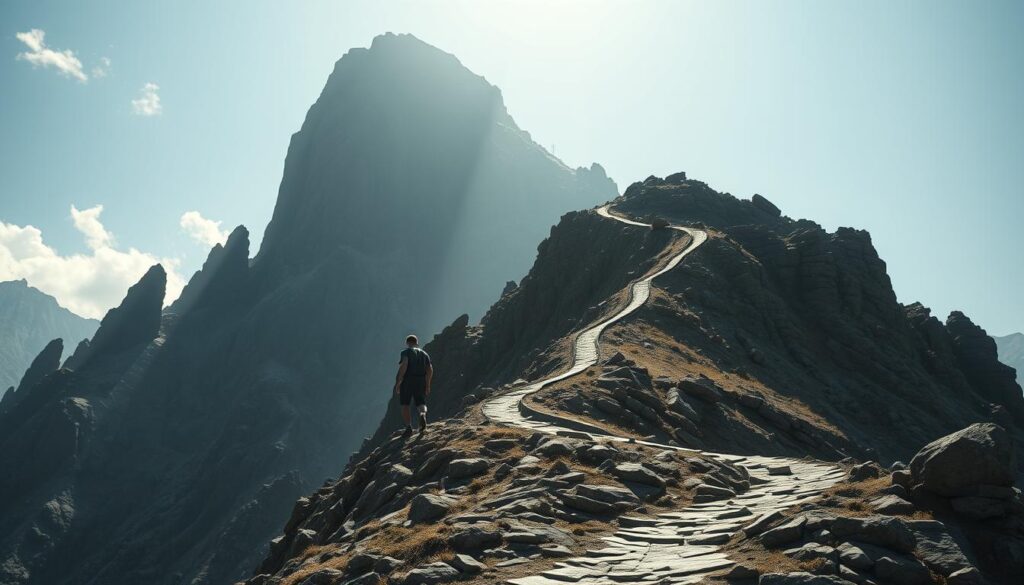 A steep, undulating learning curve rises against a backdrop of towering, monolithic software modules. In the foreground, a single, determined figure navigates the winding path, facing the challenge head-on. The lighting is dramatic, casting deep shadows and highlighting the rugged terrain. The scene is captured through a wide-angle lens, emphasizing the sense of scale and the daunting task at hand. The atmosphere is one of focus, determination, and the perseverance required to overcome the obstacles of adopting new and complex software systems.