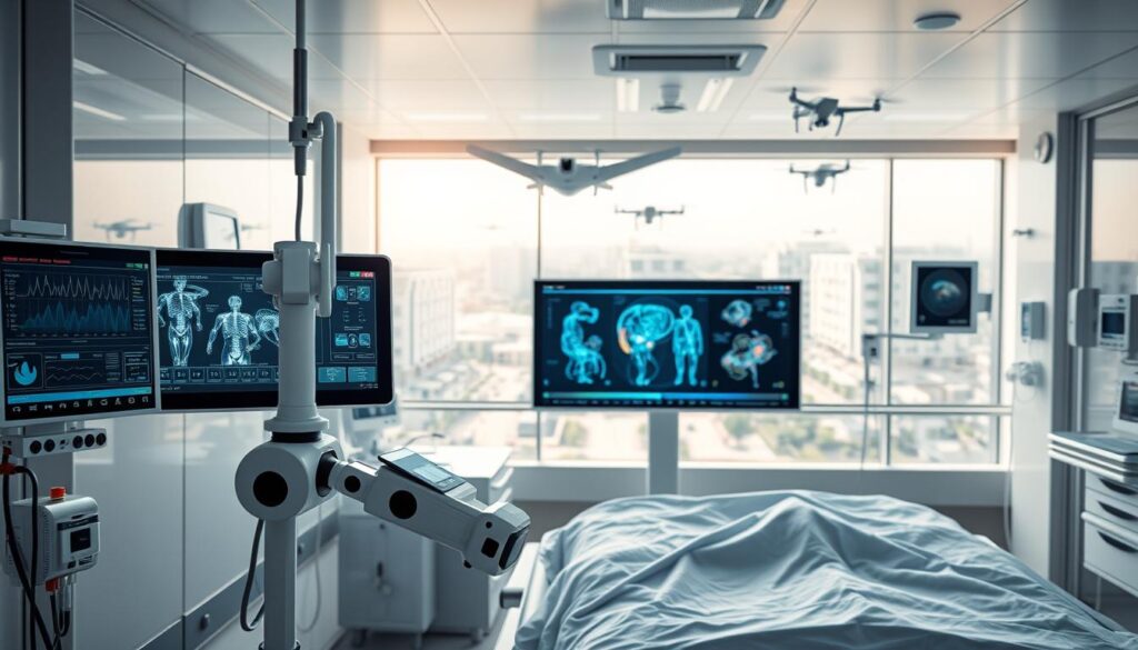 A sterile, well-lit hospital room showcases cutting-edge medical technology. In the foreground, a sleek touchscreen display monitors vital signs and treatment data. Beside it, a robotic arm administers precise, computer-controlled infusions. In the middle ground, a large, high-resolution screen displays 3D anatomical models, facilitating collaborative diagnosis and treatment planning. The background reveals a panoramic view of the bustling hospital campus, where autonomous robots and drones ferry supplies and samples between labs and wards. An atmosphere of innovation and patient-centric care pervades the scene.
