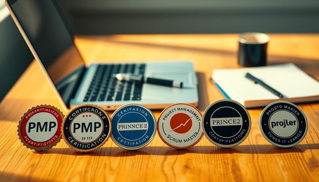 A still life arrangement on a wooden table, showcasing various project management certification logos and badges. The foreground features a collection of professional certifications such as PMP, PRINCE2, Agile, and Scrum Master, arranged in an organized manner. The middle ground includes a laptop, a pen, and a notepad, conveying a workspace setting. The background softly blurs, creating a sense of depth and focus on the certifications. Warm, natural lighting illuminates the scene, casting subtle shadows and highlighting the textures of the materials. The overall mood is one of professionalism, expertise, and a commitment to continuous learning in the field of project management.