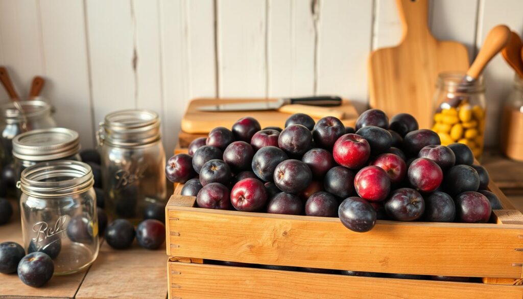 A still life of plums in a rustic kitchen setting. In the foreground, a wooden crate overflows with ripe, purple plums, their skin glistening under warm, golden light. Surrounding the crate, mason jars and utensils hint at the process of preserving the fruit. In the middle ground, a weathered wooden table serves as the centerpiece, with a knife and cutting board suggesting recent preparation. The background features a simple, white-washed wall, its texture adding depth and character to the scene. The overall mood is one of homespun simplicity and the satisfaction of a bountiful harvest, capturing the essence of "Preserving Plums".