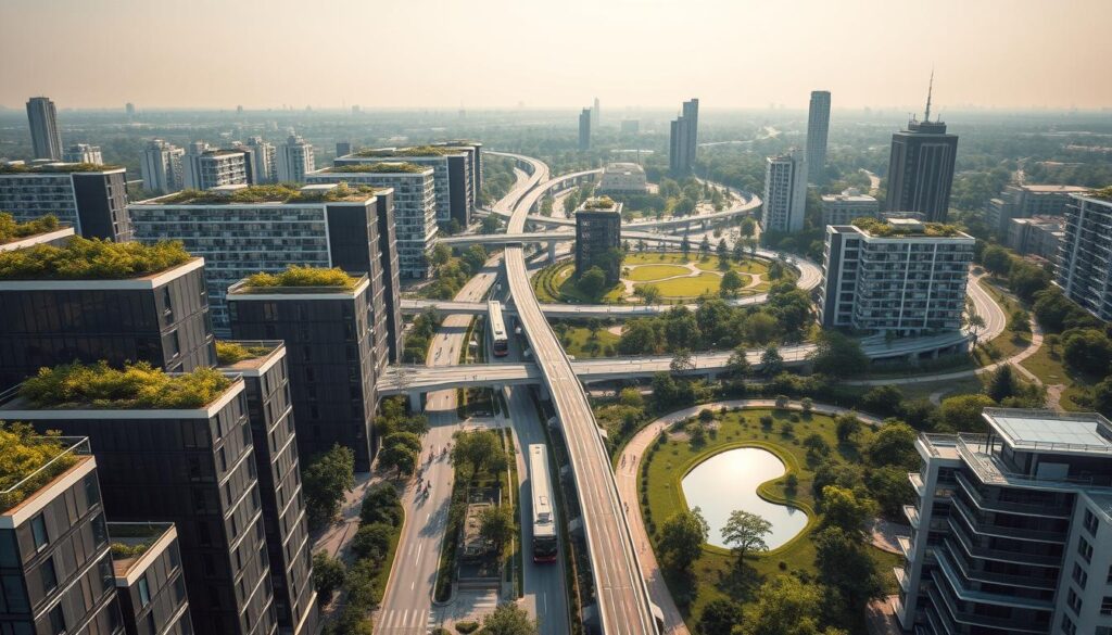 A striking aerial view of a modern, eco-friendly urban landscape. In the foreground, innovative solar-powered buildings with sleek, energy-efficient designs stand tall, their rooftops adorned with verdant green spaces. In the middle ground, a network of sustainable transportation systems - electric buses, bike lanes, and pedestrian walkways - weave through the cityscape, connecting residents seamlessly. In the background, a lush, thriving park with native vegetation and a serene pond reflect the commitment to green infrastructure. Gentle, warm lighting bathes the scene, evoking a sense of harmony between human-made and natural elements. The overall atmosphere conveys a vision of a resilient, sustainable future for urban living.