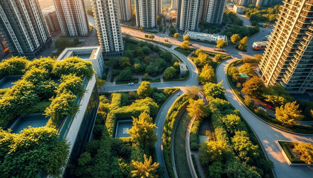 A striking aerial view of a modern urban landscape, showcasing innovative green infrastructure solutions. In the foreground, a lush rooftop garden thrives, its vibrant greenery cascading over the building's edges. The middle ground features a series of strategically placed bioswales and permeable pavement, seamlessly integrated into the cityscape, channeling and filtering stormwater runoff. In the background, a network of green corridors and urban forests weave through the high-rise buildings, creating a harmonious balance between nature and the built environment. Warm, soft lighting illuminates the scene, conveying a sense of sustainability and environmental responsibility. The overall composition emphasizes the importance of investing in water-sensitive urban design for creating smart, resilient cities.