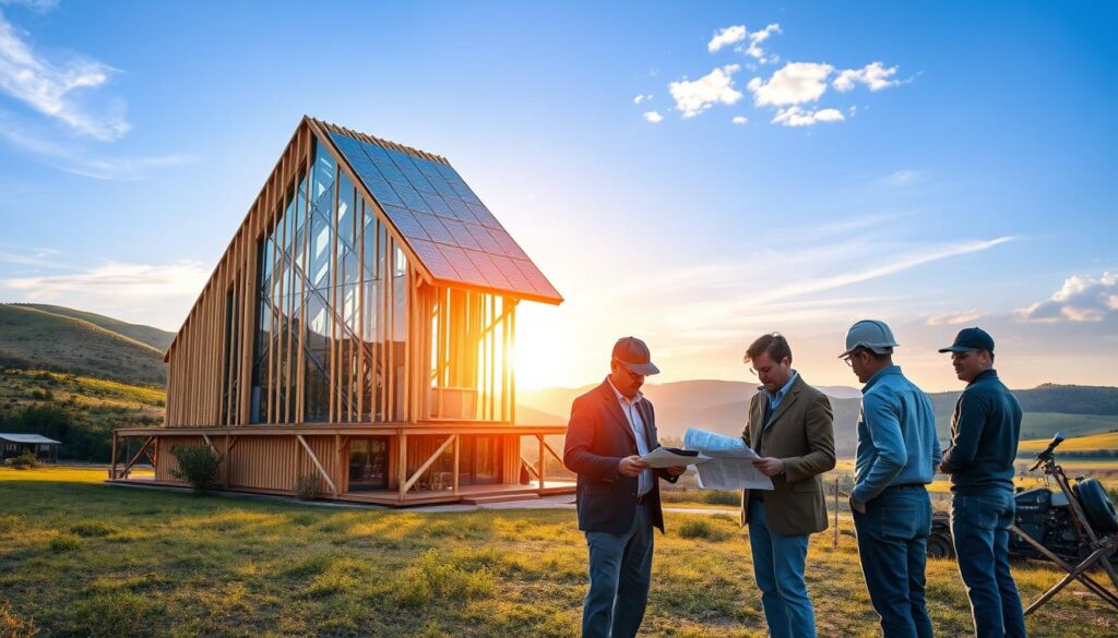 A striking architectural structure made of sustainable materials like bamboo, solar panels, and recycled glass, set against a backdrop of rolling hills and a vibrant blue sky. In the foreground, a group of engineers and scientists collaborate, examining technical schematics and discussing innovative green technologies. Warm, natural lighting casts a soft glow, emphasizing the harmony between human ingenuity and environmental conservation. The overall scene conveys a sense of progress, unity, and a commitment to a sustainable future for engineering.