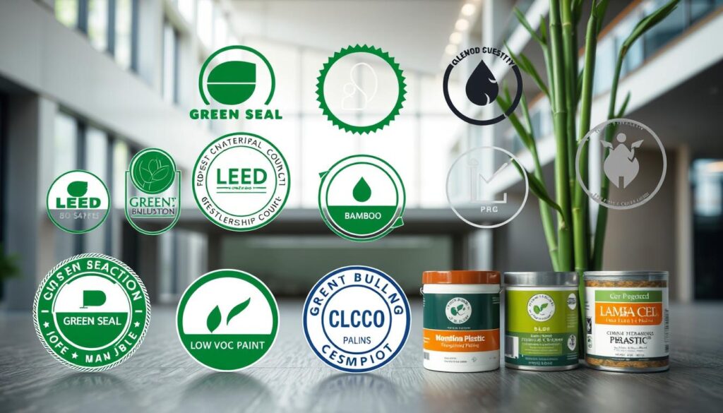 A striking, highly detailed image of various green construction material certifications. In the foreground, prominent eco-labels, stamps, and seals of approval from respected certification bodies like LEED, Green Seal, and Forest Stewardship Council. In the middle ground, an array of sustainable building materials like bamboo, recycled plastic, and low-VOC paints, each labeled with their respective certifications. The background features a modern, minimalist architectural setting with clean lines and natural lighting, hinting at the application of these certified materials. The overall scene conveys a sense of environmental responsibility, quality assurance, and the growing adoption of green building practices.