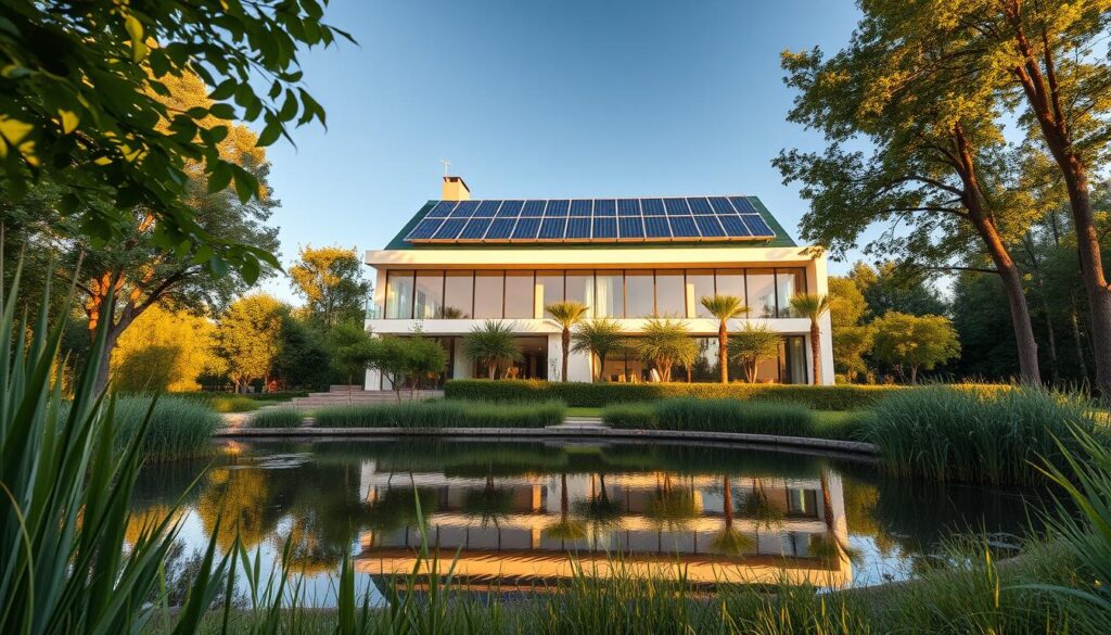 A striking modern building nestled amidst lush greenery, its sleek facade bathed in warm natural light. Large windows and solar panels adorn the rooftop, harnessing renewable energy. The structure seamlessly blends form and function, showcasing energy-efficient design principles. Clean lines, minimalist aesthetics, and sustainable materials create a harmonious, eco-friendly atmosphere. In the foreground, a tranquil reflection pond mirrors the building's architectural elegance. A serene, nature-inspired landscape surrounds the structure, highlighting its integration with the environment. Captured through a wide-angle lens, the image conveys a sense of balance, innovation, and environmental responsibility.