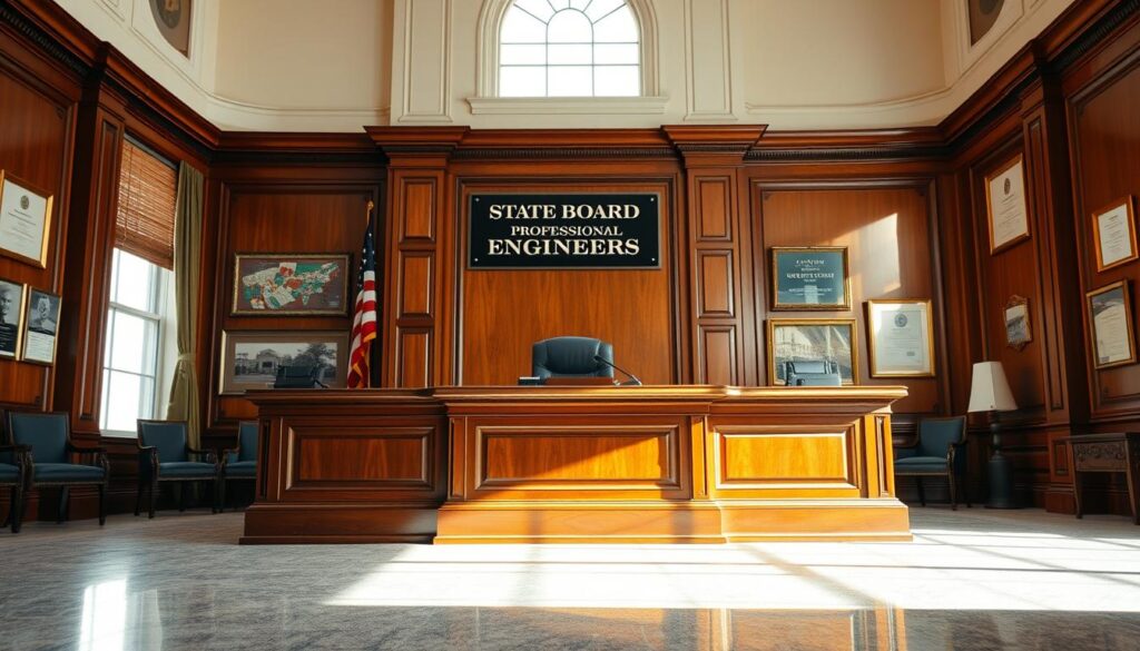 A striking office interior with a large, ornate wooden desk and a plaque that reads "State Board of Professional Engineers" prominently displayed. The desk is situated in a well-lit room with floor-to-ceiling windows, casting a warm, natural light over the scene. The walls are adorned with professional certifications and accolades, conveying a sense of authority and expertise. The overall atmosphere is one of formality and importance, befitting the seriousness of the licensure process for civil engineers.