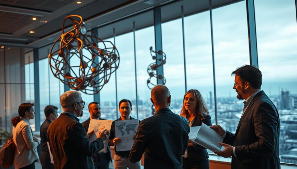 A striking scene of metallurgical engineering associations, captured in a sleek, modern setting. In the foreground, a group of industry professionals engage in animated discussion, their hands gesturing as they examine detailed schematics and technical diagrams. The middle ground features a towering sculpture made of intricate metalwork, its abstract forms reflecting the dynamic nature of the field. In the background, a panoramic window offers a breathtaking view of a skyline dotted with industrial complexes, symbolizing the far-reaching impact of metallurgical engineering. The lighting is warm and inviting, casting a soft glow over the scene and conveying a sense of collaboration and innovation. The overall composition exudes a sense of professionalism, technical prowess, and a vision for the future of materials science.
