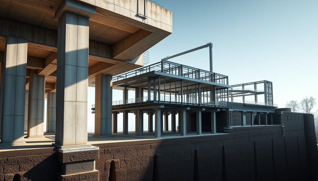 A structural engineering cross-section showcasing earthquake-resistant techniques. In the foreground, reinforced concrete columns and beams intertwine, demonstrating how their interlocking design dissipates seismic forces. In the middle ground, flexible steel frames and base isolators elevate the structure, absorbing and dampening ground motion. The background reveals a cutaway view of the building's foundation, where deep piles and shear walls anchor the structure to the earth. Dramatic lighting casts long shadows, emphasizing the strength and resilience of the architectural elements. Rendered in a technical, engineering-inspired style with a focus on structural details and materials.