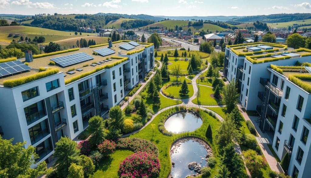 A stunning aerial view of a modern, energy-efficient residential complex nestled amidst lush greenery. The buildings feature sleek, minimalist designs with large windows, solar panels, and green roofs, blending seamlessly into the natural landscape. In the foreground, a well-manicured garden with vibrant flowers and a small pond reflects the sunlight, creating a serene and tranquil atmosphere. The middle ground showcases a network of pedestrian walkways and bike paths, encouraging sustainable transportation. In the background, rolling hills and a cloudless sky set the stage for this cost-effective, eco-friendly oasis.