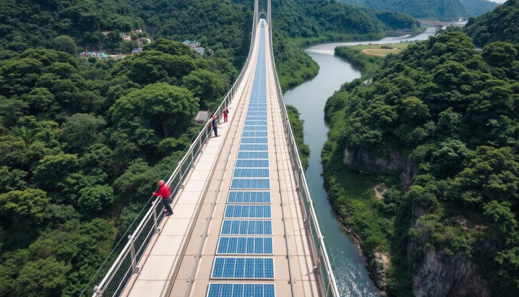 A stunning aerial view of a sustainable bridge, its sleek concrete arches and steel cables blending seamlessly with the lush, verdant landscape. In the foreground, workers carefully inspect the structure, their safety harnesses and protective gear a testament to the importance of responsible maintenance. The middle ground reveals a series of solar panels lining the bridge's edges, harnessing renewable energy to power its lighting and monitoring systems. In the distance, a tranquil river winds its way through the scene, reflecting the bridge's eco-friendly design. The overall atmosphere conveys a sense of harmony, where modern engineering and environmental stewardship coexist in perfect balance.