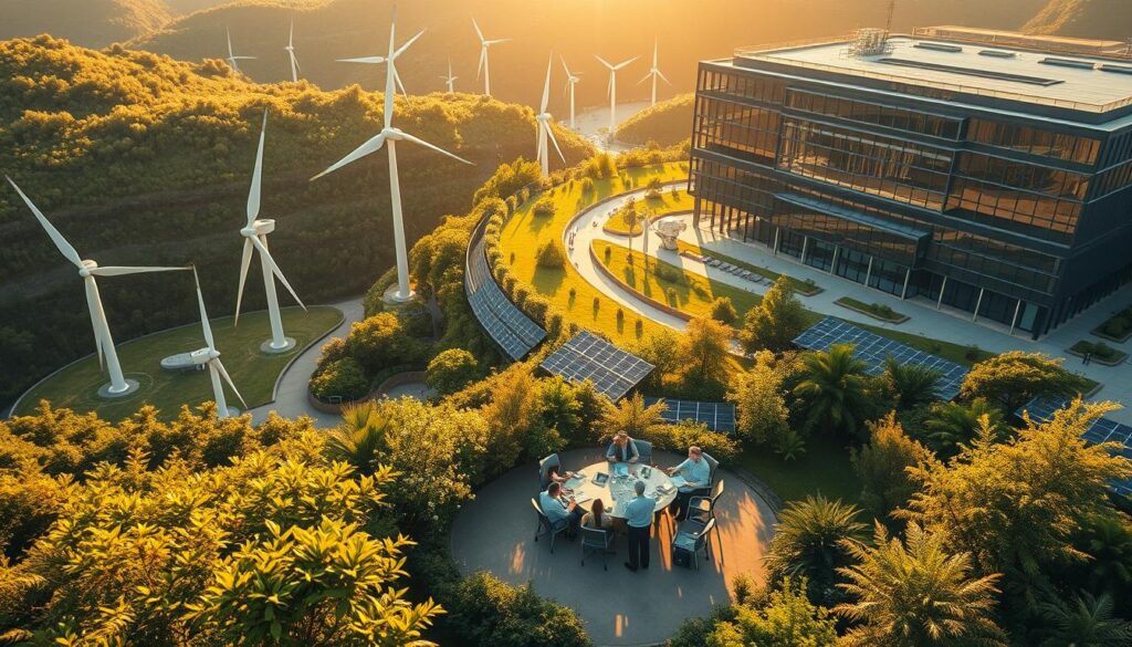 A stunning aerial view of a sustainable engineering campus, bathed in warm golden sunlight. In the foreground, a group of engineers collaborate at a futuristic, eco-friendly workstation, surrounded by lush greenery and solar panels. The middle ground showcases cutting-edge wind turbines and hydroelectric generators, seamlessly integrated into the landscape. In the background, a modern, energy-efficient office building with floor-to-ceiling windows reflects the surrounding natural environment. The scene exudes a sense of harmony between technology and nature, embodying the principles of sustainable engineering practices.