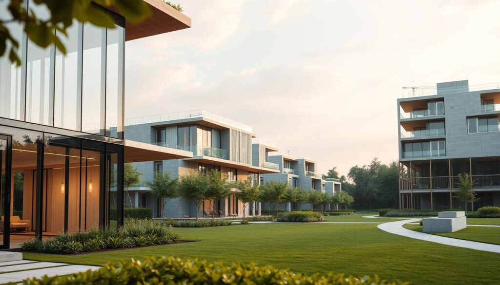 A stunning architectural masterpiece featuring innovative building techniques. The foreground showcases a modern, minimalist structure with clean lines, geometric shapes, and a sleek glass facade that seamlessly blends with the surroundings. The middle ground features a diverse array of sustainable construction materials, such as recycled plastics, modular panels, and 3D-printed concrete elements, showcasing the latest advancements in cost-effective and eco-friendly building solutions. The background is a serene, park-like setting with lush greenery, reflecting the harmonious integration of nature and sustainable design. The scene is illuminated by warm, diffused lighting, creating a tranquil and inviting atmosphere that embodies the essence of affordable, low-cost housing engineering solutions.