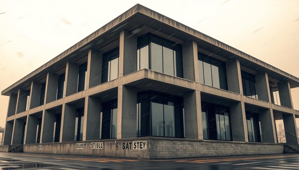 A sturdy, earthquake-resistant building with reinforced concrete columns and beams, standing tall against a backdrop of swirling wind and rain. The structure's sleek, modern design features angular forms and large windows that allow natural light to flood the interior. Detailed textures and materials, such as steel, glass, and weathered stone, convey a sense of resilience and durability. The scene is illuminated by a warm, diffused lighting, casting dramatic shadows that highlight the building's architectural features. The overall atmosphere evokes a sense of safety, stability, and cutting-edge innovation in disaster-resistant civil engineering.