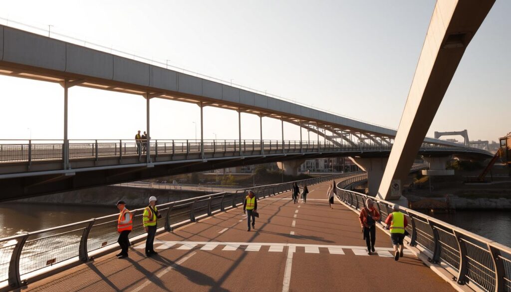 A sturdy, modern bridge spanning a serene river, its steel beams and reinforced concrete arches bathed in warm afternoon sunlight. In the foreground, a group of engineers inspecting the bridge's railings and support structures, their hard hats and safety vests highlighting the importance of diligent maintenance. The middle ground features a pedestrian crossing, with pedestrians and cyclists moving safely across the bridge, guided by clear signage and well-marked lanes. The background showcases the bridge's elegant design, with sleek lines and graceful curves that harmonize with the surrounding landscape. The overall scene conveys a sense of confidence in the bridge's structural integrity and the unwavering commitment to ensuring the safety of all who use it.