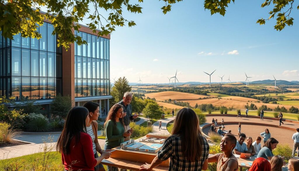 A sun-dappled campus scene, with a modern, glass-walled engineering building at the center, surrounded by lush greenery and students engaged in hands-on projects. In the foreground, a group of diverse learners collaborates on a sustainable design prototype, their expressions focused and engaged. The middle ground features an outdoor amphitheater where a lecturer gestures animatedly, illustrating principles of renewable energy systems. In the background, a striking view of rolling hills and a horizon dotted with wind turbines, symbolizing the future of sustainable infrastructure. Warm, natural lighting casts a serene, inspiring atmosphere, inviting the viewer to imagine themselves as part of this vibrant, eco-conscious educational ecosystem.