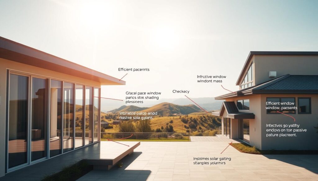 A sun-drenched building with thoughtfully designed windows, overhangs, and thermal mass. The foreground features an elegant modern home with large glass panes that capture abundant natural light. The middle ground showcases efficient window placements, strategic shading devices, and carefully angled roofs to maximize passive solar gain. In the background, rolling hills and a clear sky create a serene, sustainable landscape. The image conveys a sense of harmony between architecture and the environment, highlighting the principles of passive solar energy design.