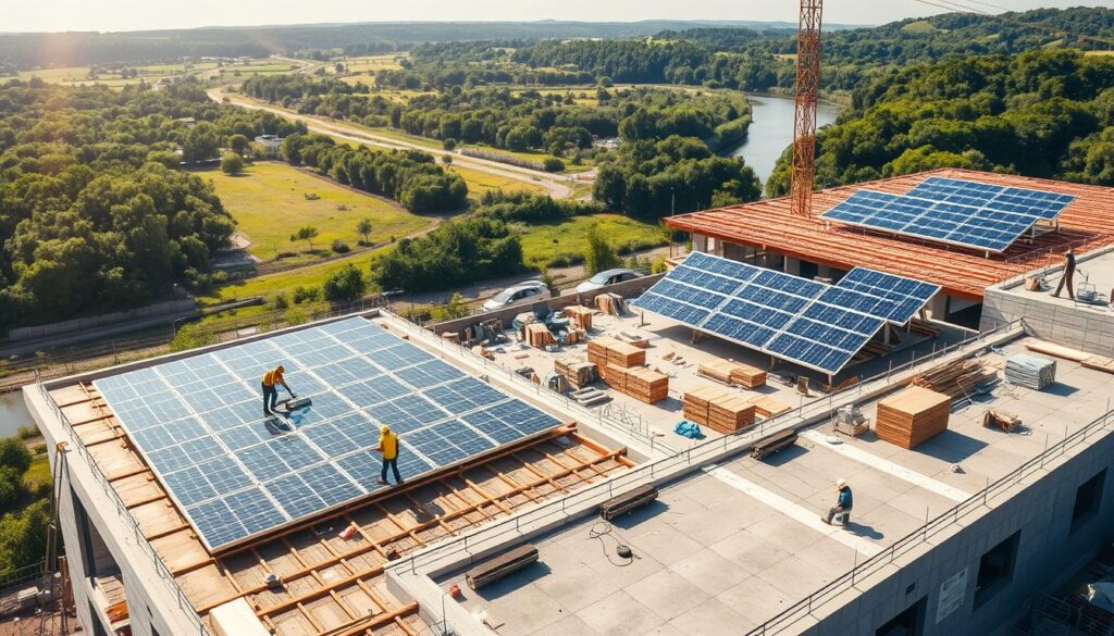 A sun-drenched construction site showcasing sustainable civil engineering practices. In the foreground, workers diligently install solar panels on the roof of an energy-efficient building, its sleek design integrating seamlessly with the natural landscape. In the middle ground, a team expertly manages the flow of recycled building materials, minimizing waste. In the background, lush greenery and a serene river demonstrate the harmonious integration of infrastructure and the environment. The scene is bathed in warm, natural lighting, conveying a sense of progress and environmental stewardship.