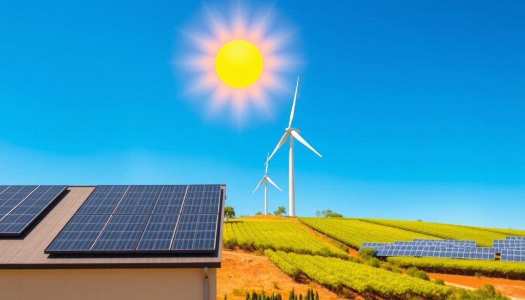 A sun-drenched landscape featuring a diverse array of renewable energy sources seamlessly integrated into a harmonious design. In the foreground, a sleek solar panel array elegantly adorns the rooftop of a modern, energy-efficient building. Towering wind turbines dot the middle ground, their blades gracefully cutting through the crisp, azure sky. In the background, a rolling hillside is dotted with rows of vibrant, verdant solar farms, harnessing the power of the sun to generate clean, sustainable electricity. The scene is bathed in a warm, golden light, conveying a sense of progress, innovation, and a future powered by renewable energy.