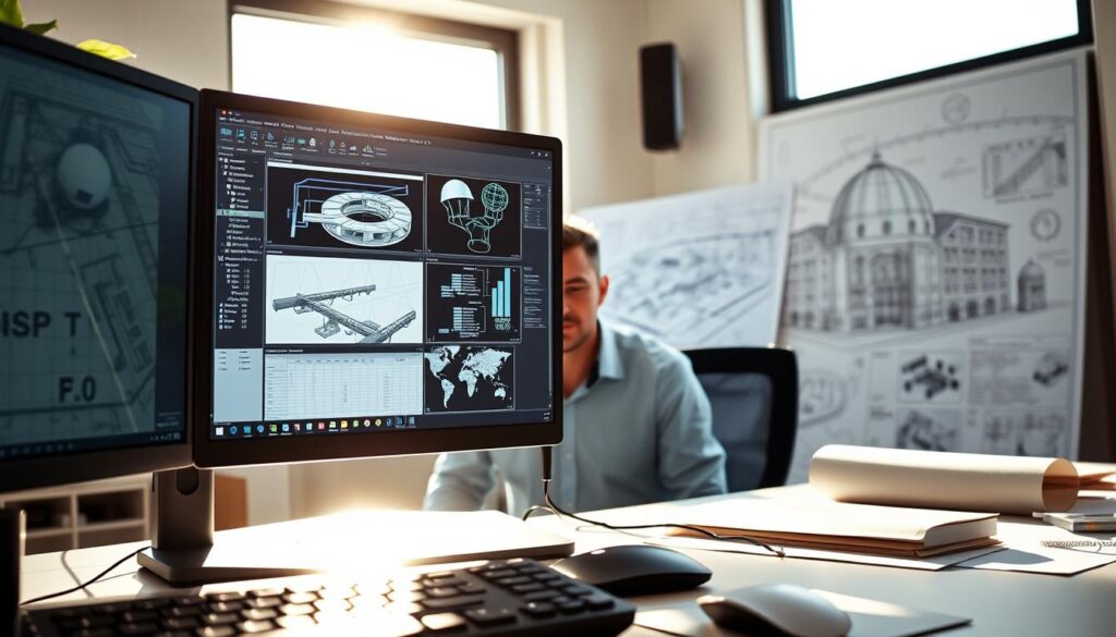 A sun-drenched office interior, a computer monitor displaying complex civil engineering software, with a keyboard and mouse in the foreground. In the middle ground, a civil engineer deeply immersed in their work, their face illuminated by the screen's glow. The background features carefully organized technical drawings, 3D models, and architectural plans. The scene conveys a sense of proficiency, attention to detail, and the essential role of software in modern civil engineering practices.