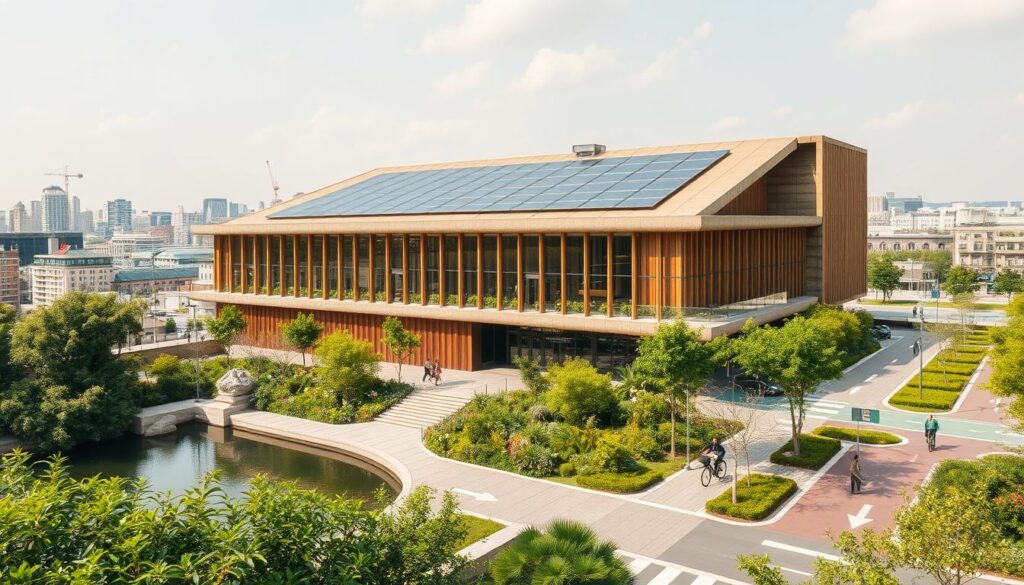 A sustainable civil engineering solution featuring a modern eco-friendly building with a sleek, minimalist design. The structure is constructed from renewable and recycled materials, such as bamboo, reclaimed wood, and recycled concrete. Solar panels adorn the rooftop, harnessing renewable energy. In the foreground, lush greenery and a tranquil water feature create a serene, nature-inspired landscape. The mid-ground showcases a dynamic, well-designed public space with pedestrian-friendly paths and bicycle lanes, promoting sustainable transportation. The background depicts a cityscape with a mix of modern and historic architecture, signifying a harmonious blend of progress and environmental consciousness. The scene is illuminated by warm, natural lighting, captured by a wide-angle lens to convey a sense of scale and the integration of the building within its surroundings.