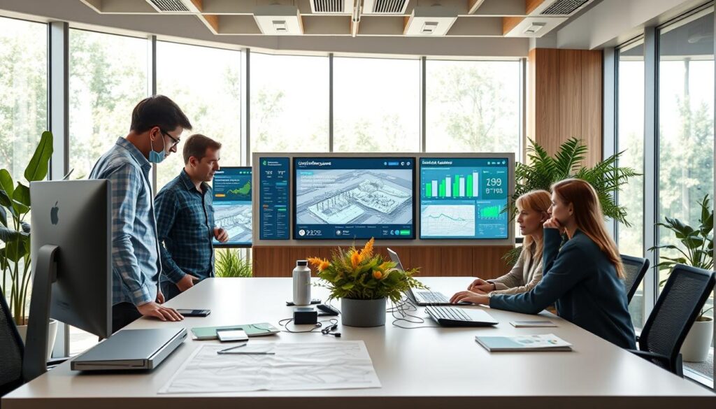 A sustainable engineering office interior, flooded with natural light from large windows. In the foreground, a team of architects and engineers reviewing a detailed BIM model of a civil infrastructure project on a touchscreen display. Sleek, ergonomic workstations feature energy-efficient electronics and smart building sensors. In the middle ground, a wall-mounted information dashboard showcases live data on the building's energy usage and carbon footprint. The background features biophilic design elements like lush greenery and natural wood accents, creating a calming, productive atmosphere conducive to collaborative, environmentally-conscious design. Soft, diffused lighting from recessed fixtures and task lighting illuminates the scene.