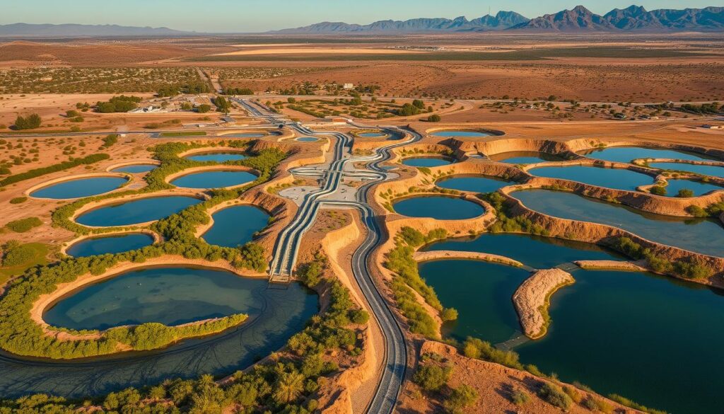 A sweeping aerial view of an intricate aquifer recharge system, showcasing a network of carefully constructed basins, channels, and infiltration galleries. The foreground features a series of gently sloping basins filled with clear water, surrounded by lush vegetation and natural rock formations. In the middle ground, underground pipes and engineered structures blend seamlessly into the landscape, directing the flow of water into the aquifer below. The background is dominated by a rolling, arid landscape, with distant mountains providing a dramatic backdrop. The scene is bathed in warm, natural lighting, conveying a sense of harmony between the engineered system and the natural environment.
