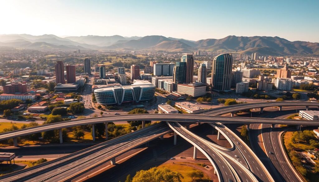 A sweeping cityscape of Nairobi, Kenya, bathed in warm, golden sunlight. In the foreground, a modern highway interchange with sleek, curved bridges and elevated roadways, symbolizing advancements in civil engineering infrastructure. In the middle ground, towering skyscrapers and office complexes constructed with innovative materials and designs, reflecting the latest architectural trends. The background features rolling hills, lush greenery, and a clear, azure sky, highlighting the integration of nature and urban development. The scene conveys a sense of progress, technological sophistication, and a vision for a sustainable, forward-thinking future for Kenyan civil engineering.