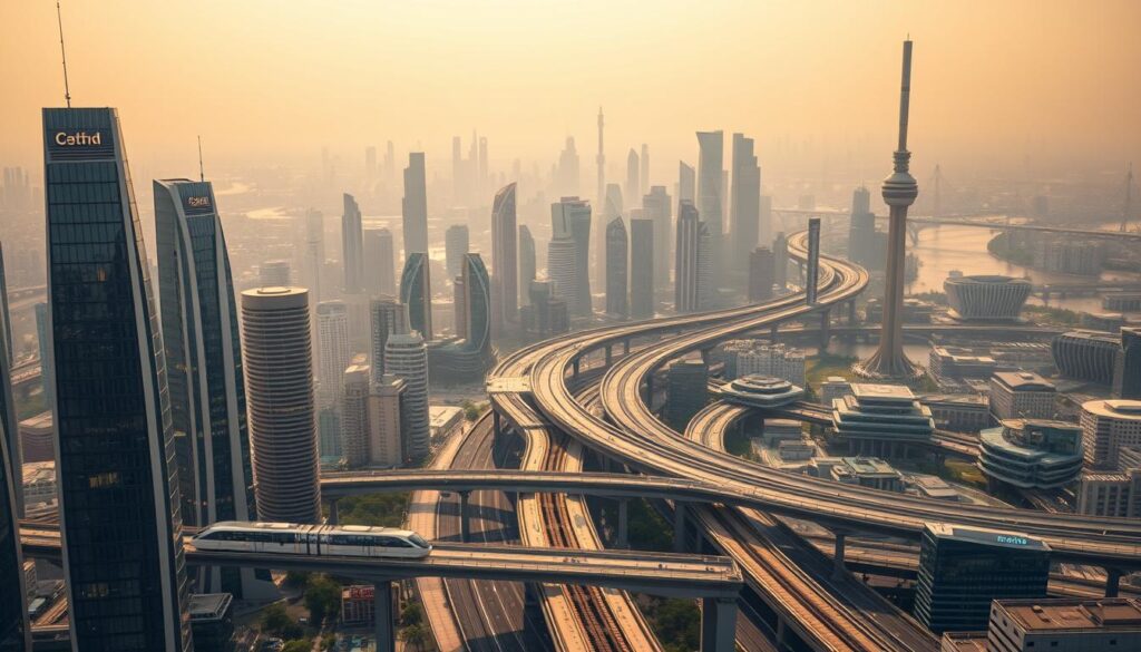A sweeping cityscape of a futuristic smart city, with cutting-edge civil engineering marvels dominating the skyline. In the foreground, gleaming high-rise buildings with sleek, energy-efficient designs and integrated renewable technologies. In the middle ground, advanced transportation networks of self-driving vehicles, elevated monorails, and electric trams seamlessly flow through the urban landscape. In the background, towering bridges, intelligent infrastructure, and advanced water management systems create a harmonious fusion of technology and sustainability. Warm, diffused lighting casts a futuristic glow, while a slight haze adds a sense of wonder and possibilities. The scene conveys the innovative spirit of civil engineering, shaping the cities of tomorrow.