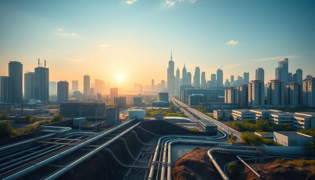 A sweeping cityscape with an intricate network of modern sanitation infrastructure. In the foreground, a series of underground pipelines and treatment facilities, their industrial silhouettes emerging from the ground. In the middle ground, bustling streets lined with energy-efficient buildings, their facades incorporating innovative water recycling systems. The background features a skyline of towering skyscrapers, their rooftops adorned with lush urban gardens and solar panels, all bathed in the warm glow of a setting sun. Subtle hues of blue and green convey a sense of environmental harmony, while the overall composition emphasizes the seamless integration of urban planning and sustainable sanitation engineering.