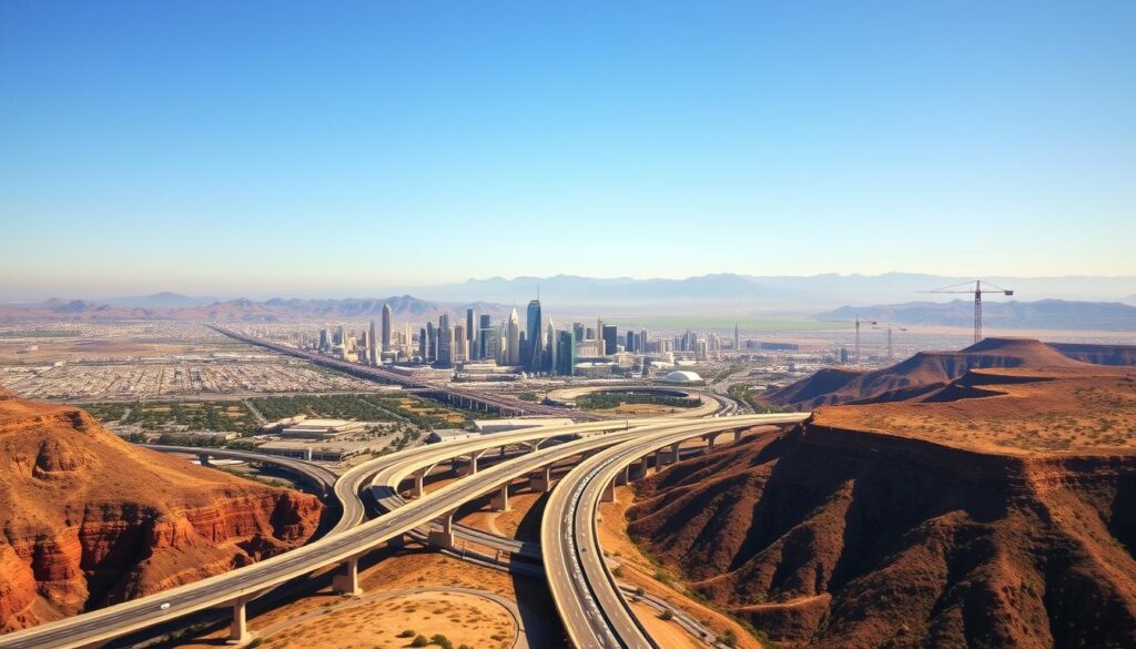 A sweeping landscape of California's civil engineering marvels, bathed in warm sunlight. In the foreground, a network of modern highways and bridges spanning vast canyons and coastlines. In the middle ground, towering skyscrapers and bustling construction sites, showcasing the state's architectural prowess. In the background, the majestic Sierra Nevada mountains and rolling hills, a testament to the engineers' ability to seamlessly integrate infrastructure with the natural environment. The scene conveys a sense of progress, innovation, and the endless possibilities for civil engineering careers in this dynamic state.