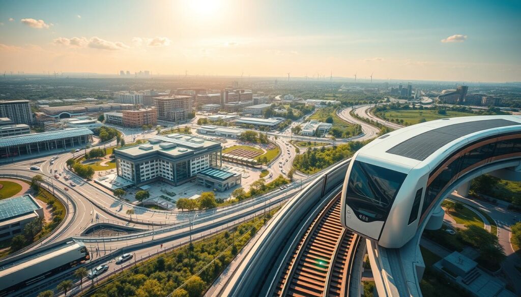 A sweeping landscape of sustainable infrastructure development, captured through the lens of a wide-angle camera. In the foreground, a modern, energy-efficient public transit system glides smoothly along elevated tracks, its sleek design a testament to the ingenuity of civil engineers. The middle ground showcases a bustling urban hub, where green buildings with solar panels and wind turbines dot the skyline, providing clean energy and reduced carbon footprints. In the background, a sprawling network of walkways, bike lanes, and lush public parks weave through the city, encouraging eco-friendly transportation and community engagement. The scene is bathed in warm, golden sunlight, conveying a sense of hope and progress in the face of social and environmental challenges.
