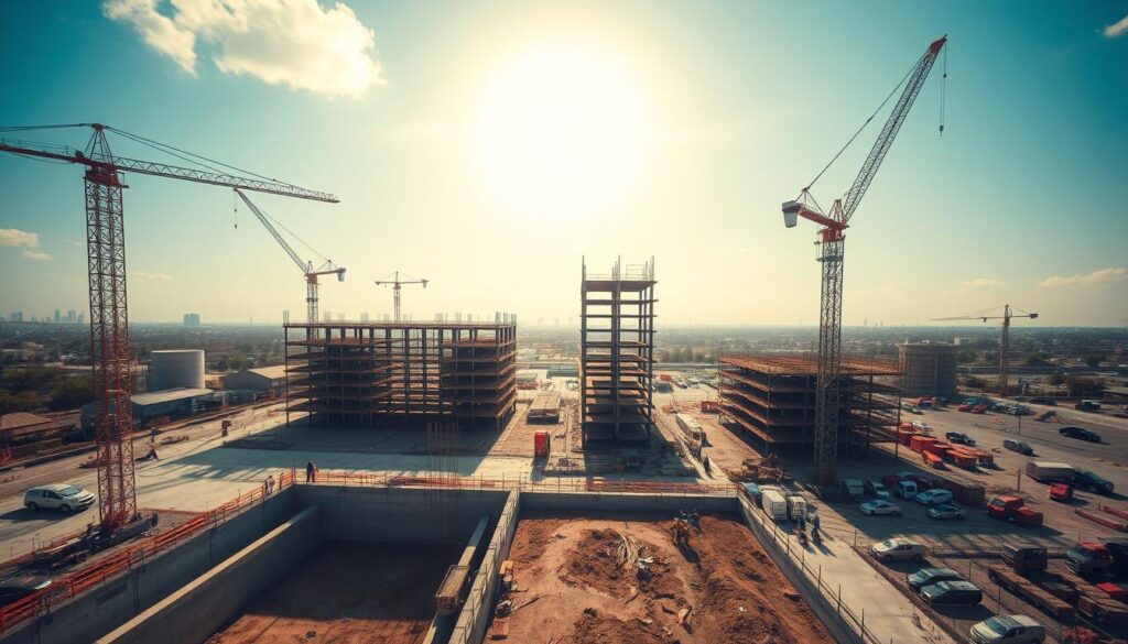 A sweeping overhead view of a modern parking facility construction site, with cranes and scaffolding silhouetted against a bright, cloudless sky. In the foreground, workers in safety gear carefully lay concrete foundations, while in the middle ground, partially completed multi-level structures take shape, their steel frames rising skyward. The background is dotted with piles of construction materials, heavy machinery, and the outlines of the surrounding cityscape, suggesting the scope and scale of the project. The scene conveys a sense of progress, precision, and the significant investment required to build a functional, high-capacity parking structure.