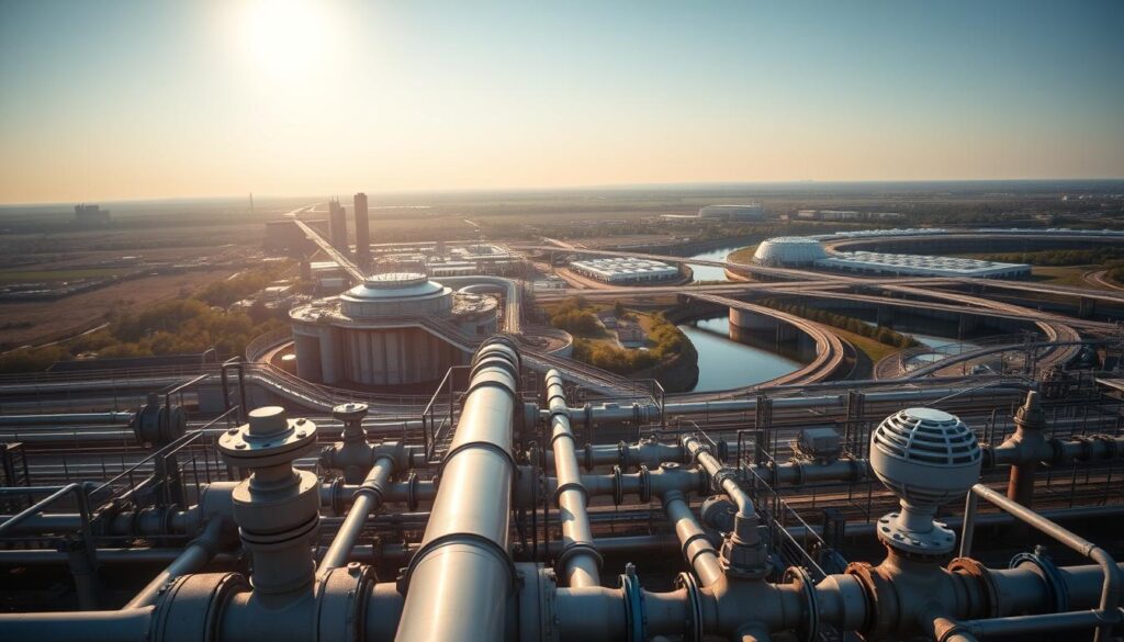 A sweeping panorama of an urban water infrastructure engineering landscape, bathed in warm afternoon light. In the foreground, a network of steel pipes, valves, and pumping stations, their intricate design conveying a sense of purposeful functionality. The middle ground reveals a skyline of towering concrete reservoirs and treatment plants, their rigid geometries juxtaposed against the fluidity of the water they contain. In the distance, a sprawling web of aqueducts and canals, their arched bridges and sluice gates testament to the complex choreography of water management. The scene exudes a subdued, technical elegance, a harmonious blend of engineering prowess and environmental stewardship.