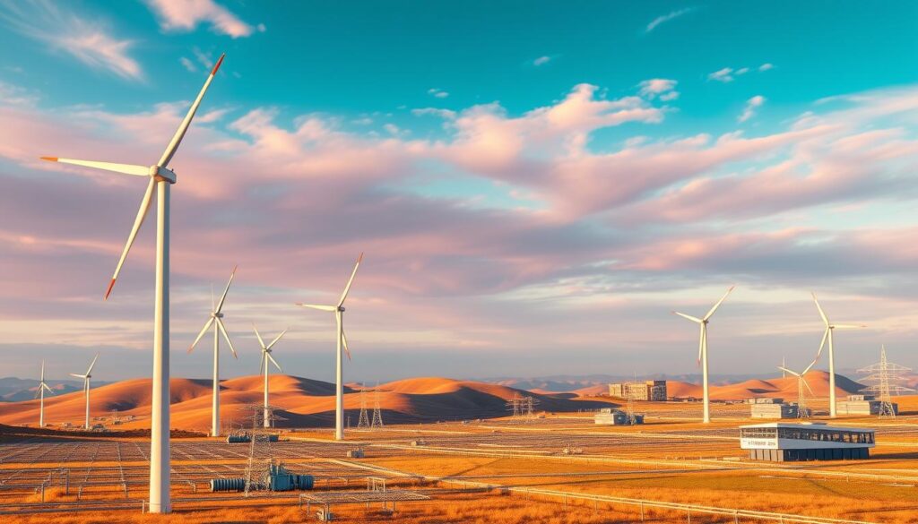 A sweeping vista of a wind farm of the future, set against a vibrant sky. In the foreground, towering wind turbines with sleek, modern designs stand tall, their blades gracefully slicing through the air. The middle ground features a grid of interconnected infrastructure, with transformers, substations, and cabling weaving a tapestry of efficient power transmission. In the background, a rolling landscape dotted with futuristic wind farm buildings, their architectural designs seamlessly blending with the natural environment. The scene is bathed in warm, golden light, creating a sense of optimism and progress. The overall composition conveys a vision of a sustainable, technologically advanced wind energy system that harmonizes with the natural world.