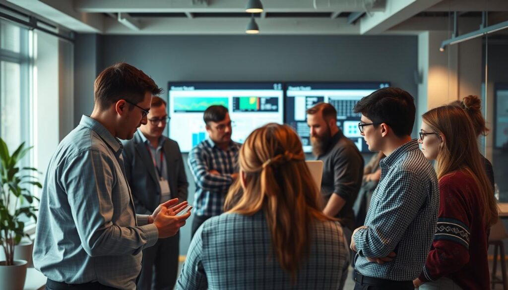 A team of agile project management professionals gathered in a modern office setting, focused on their collaborative work. In the foreground, a Scrum Master facilitates a daily standup meeting, while team members discuss their tasks and progress. In the middle ground, a Product Owner reviews the product backlog and offers guidance. In the background, a Project Manager oversees the overall workflow, analyzing data on a large wall-mounted display. Soft, directional lighting illuminates the scene, creating a sense of focus and productivity. The atmosphere is one of energetic teamwork and efficient project management.
