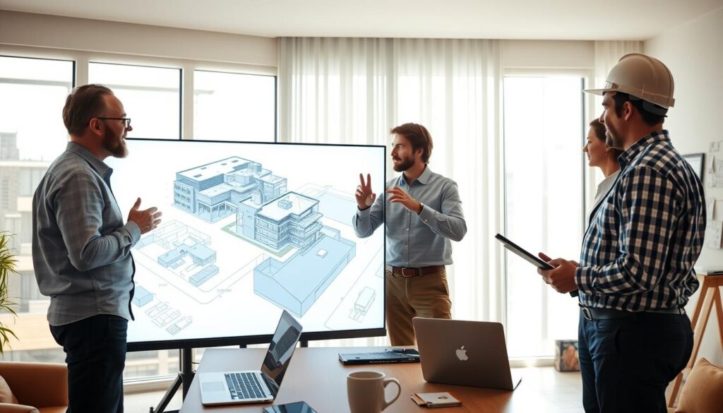 A team of architects, engineers, and construction workers collaborating over a detailed 3D BIM model displayed on a large interactive screen. The room is filled with natural light streaming through floor-to-ceiling windows, creating a bright and airy atmosphere. In the foreground, team members gesticulate animatedly as they discuss design options and construction plans, their faces lit by the glow of the screen. In the middle ground, a table with laptops and tablets suggests an ongoing workflow, while the background shows architectural drawings and renderings pinned to the walls, hinting at the collaborative nature of the BIM process. Warm, neutral tones and clean, modern furnishings lend a professional, yet inviting ambiance to the scene.