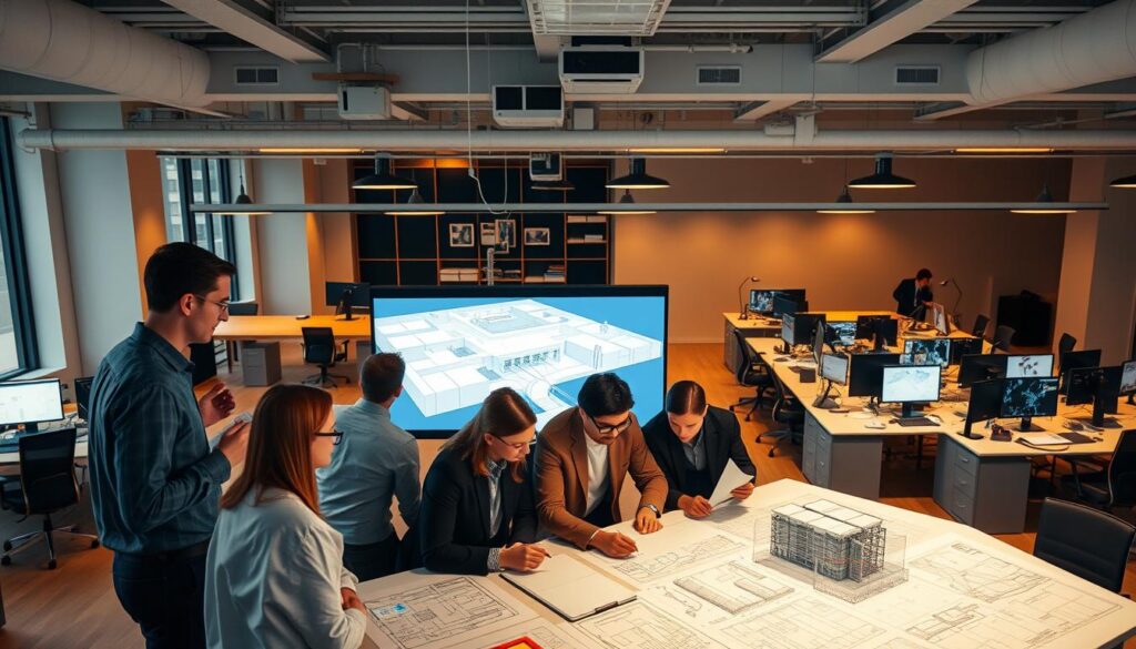 A team of civil engineers and architects collaborating at a modern, well-lit office space. In the foreground, a group of professionals gathered around a table, intently studying blueprints and discussing design plans. The middle ground features a 3D model of a proposed infrastructure project, projected onto a large screen. In the background, rows of workstations with computers and various engineering tools, creating a bustling, productive atmosphere. Warm, indirect lighting casts a soft glow, and the room is adorned with minimalist, contemporary furnishings that evoke a professional, innovative setting. The overall mood is one of collaborative problem-solving and thoughtful, technical deliberation.