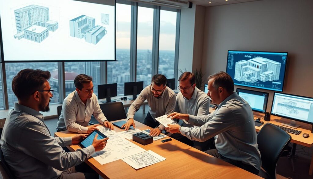 A team of civil engineers collaborating in a well-lit Revit studio, with 3D models and plans projected on a large screen. In the foreground, engineers discuss design details around a conference table, gesturing towards a tablet. The middle ground features workstations with multiple computer screens displaying Revit interfaces. The background showcases a panoramic view of a bustling cityscape through large windows, hinting at the real-world projects they are working on. The atmosphere is one of focused, productive collaboration, with subtle, warm lighting and a sense of technological sophistication.