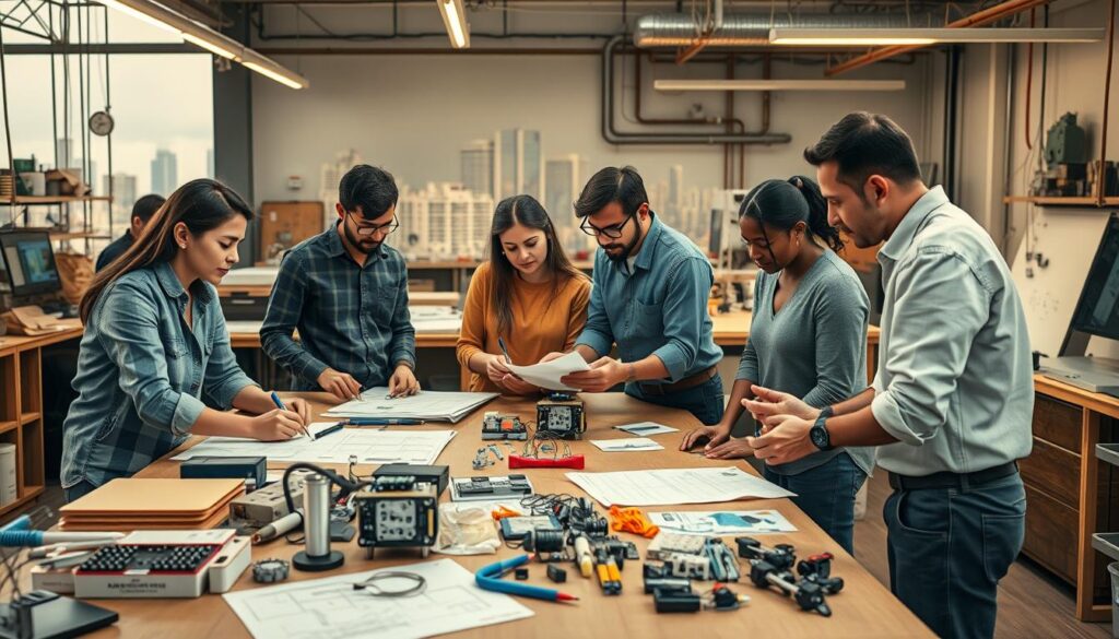 A team of diverse engineers collaborating on innovative solutions for NGOs, using cutting-edge technologies like renewable energy systems, 3D-printed prosthetics, and AI-powered water purification. The scene is set in a well-equipped workshop, with sketches, prototypes, and digital renderings scattered across a large workbench, illuminated by warm, focused lighting. In the background, a city skyline hints at the global impact of these local efforts. The mood is one of purposeful innovation, where technical expertise and humanitarian vision converge to empower positive change.
