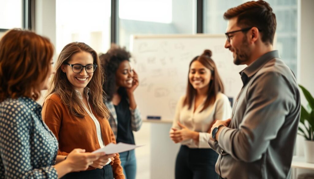 A team of diverse professionals collaborating in a modern office setting. In the foreground, three people are engaged in a lively discussion, their body language conveying a sense of teamwork and problem-solving. The middle ground features a whiteboard with sketches and notes, suggesting creative ideation. The background is softly blurred, evoking a calming, focused atmosphere. The lighting is warm and natural, creating a sense of productivity and camaraderie. The scene is captured from a slightly elevated angle, offering a comprehensive view of the collaborative effort.