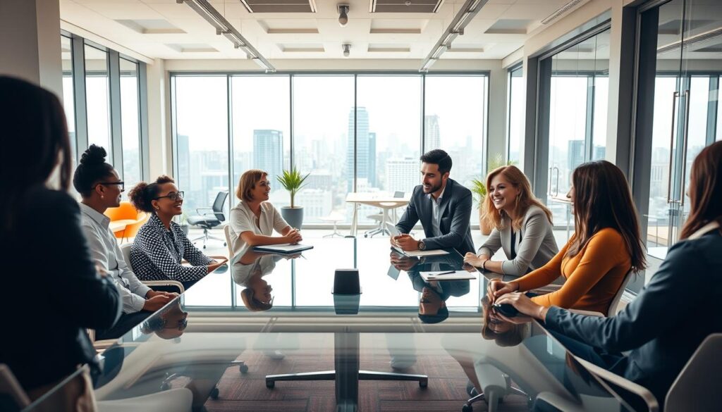 A team of diverse professionals collaborating in a well-lit, modern office space. In the foreground, colleagues are gathered around a sleek, glass conference table, engaged in a lively discussion, their body language conveying enthusiasm and camaraderie. The middle ground features an open-concept layout with vibrant, colorful decor and ergonomic furniture, promoting a sense of creativity and productivity. The background showcases floor-to-ceiling windows, allowing natural light to flood the space and providing a scenic view of a bustling urban skyline. The overall atmosphere is one of harmonious teamwork, with a balance of professionalism and a warm, inviting ambiance.