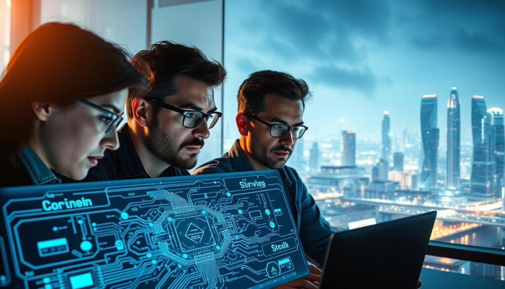 A team of engineers collaborating on a complex software solution, their faces illuminated by the glow of multiple computer screens. The foreground features intricate circuit diagrams and algorithms visualized in a holographic display, while the background showcases a futuristic cityscape with towering skyscrapers and advanced infrastructure. Soft, directional lighting casts dramatic shadows, creating a sense of depth and emphasizing the intense focus of the engineers as they work to optimize their code. The overall atmosphere conveys the immense benefits of utilizing powerful engineering software tools to tackle complex challenges and drive innovation.