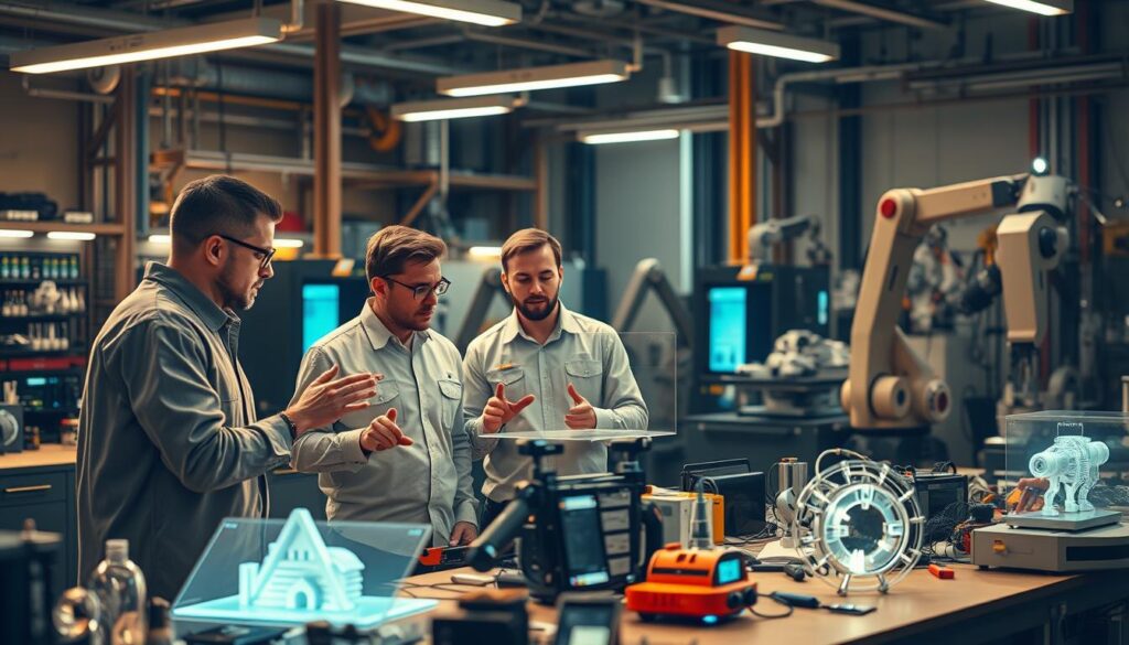A team of engineers collaborating on a cutting-edge project, surrounded by a futuristic workspace filled with high-tech equipment. The scene is bathed in a warm, glowing light, creating an atmosphere of innovation and progress. In the foreground, engineers are deep in discussion, gesturing animatedly as they brainstorm solutions. Holographic displays and 3D-printed prototypes litter the workbenches, showcasing their advanced capabilities. In the background, the latest robotic and automation tools stand ready to assist, symbolizing the continuous improvement of engineering skills and resources.